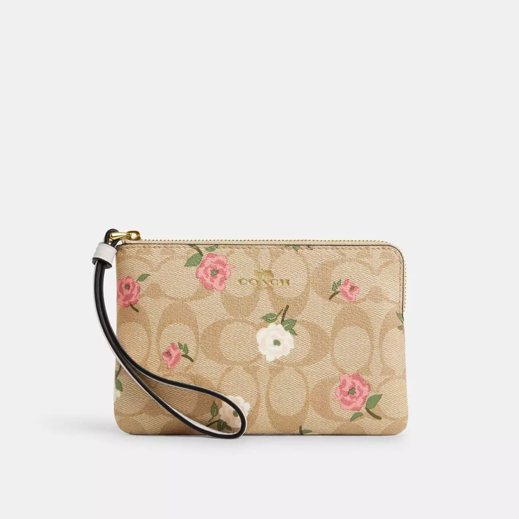 Coach Corner Zip Wristlet In Signature Canvas With Floral Print