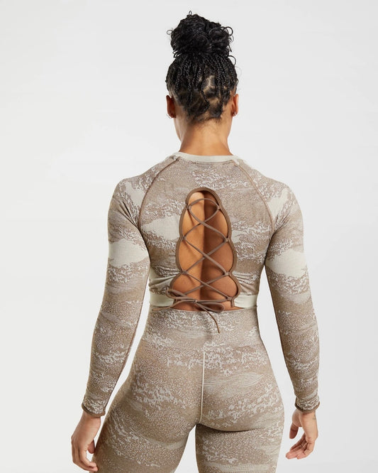 Adapt Camo Lace Up Back Top Grey/Brown