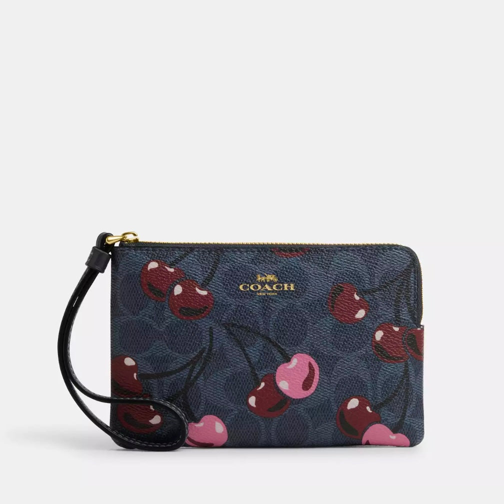 Corner Zip Wristlet In Signature Canvas With Cherry Print *Pre Order*